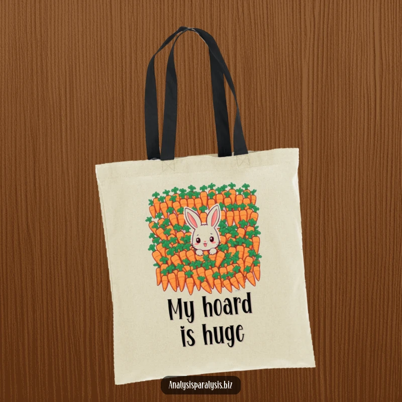 Funny bunny tote bag showing a small rabbit overwhelmed by a huge pile of identical carrots.