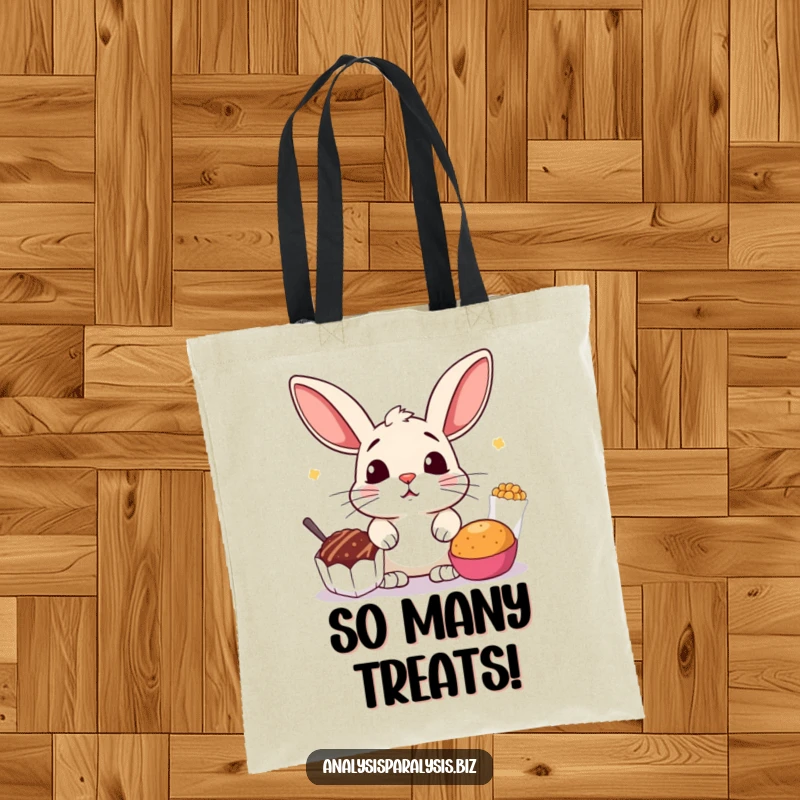 Funny tote bag showing a startled bunny with perked ears, stuck between two equally tempting snacks, great for daily use.