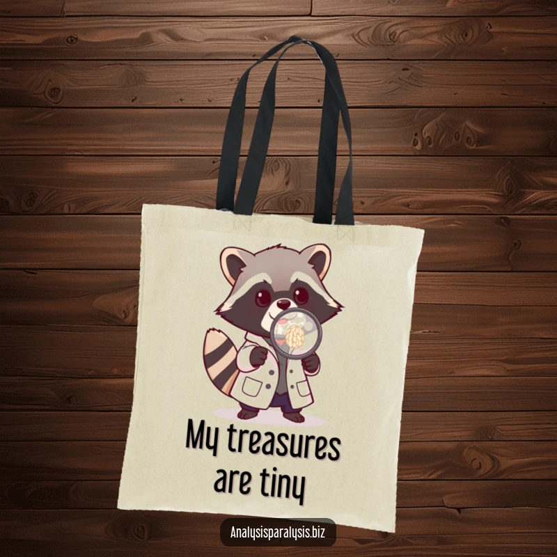Funny tote bag depicting a playful raccoon in a tiny lab coat, intently studying a single grain of rice with a magnifying glass.